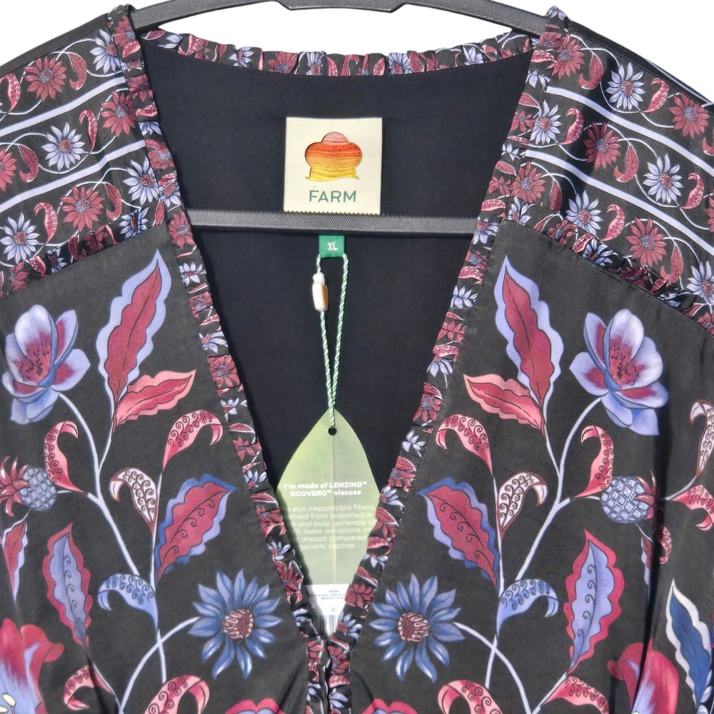 FARM Rio Marcelle Floral Mini Dress XL Black Boho Long Sleeve V Neck NWT - Picture 4 of 16